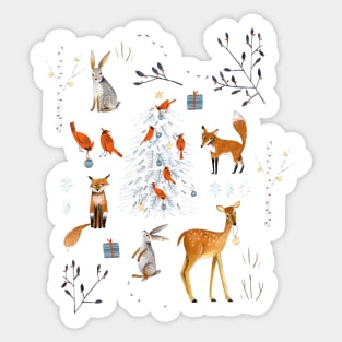 Cute woodland animals winter snow tree Sticker